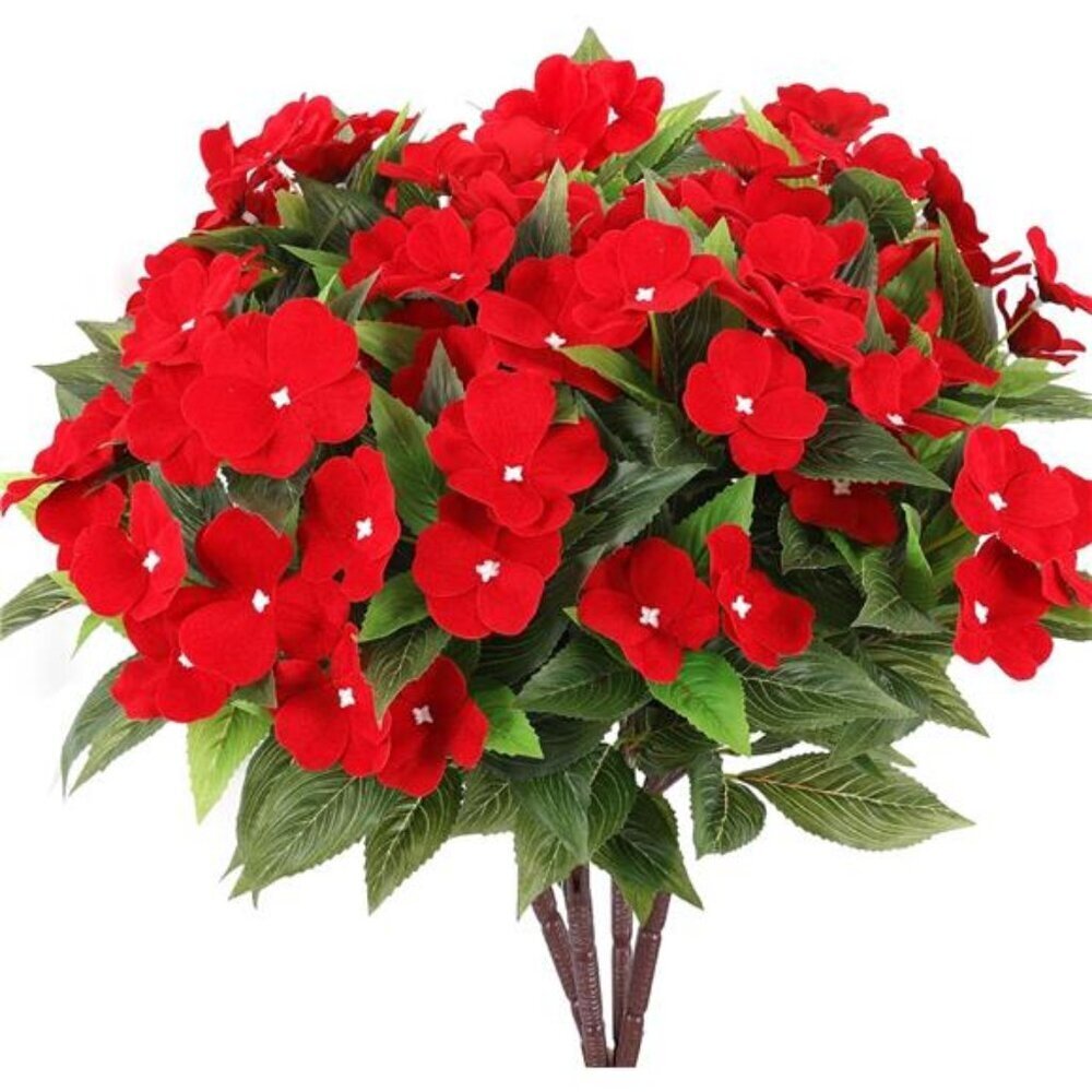 Faux Impatiens Flowers Red Silk Stems Outdoor Decor Set of 4